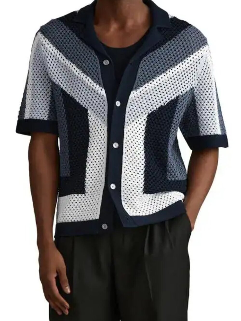 Reiss Panko Crochet Knit Cuban Collar Shirt Blue M